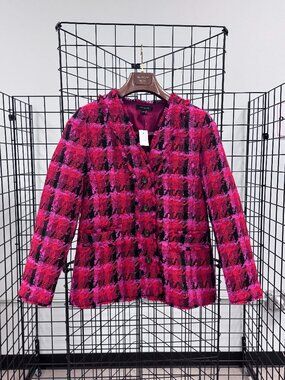 Ann Taylor Red Pink Black Houndstooth Plaid V-Neck Jacket Size 4 NWT